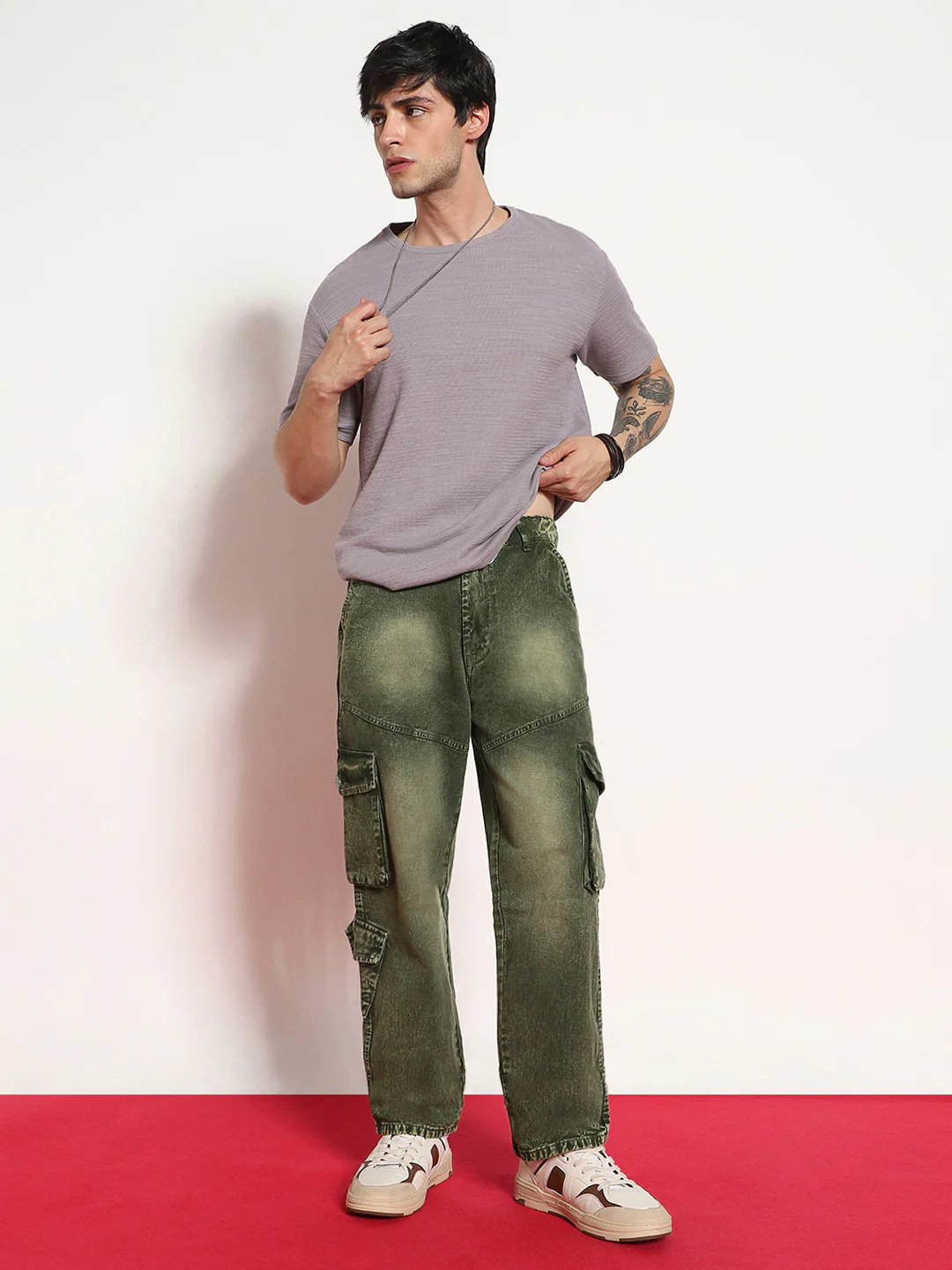 Men's Olive Green Loose Baggy Fit Washed Cargo Jeans with 7 Pockets Non-Stretchable - Image 4