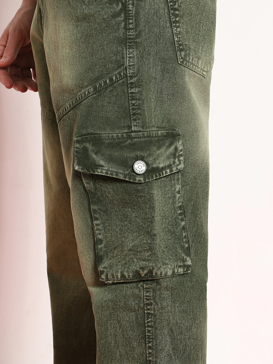 Men's Olive Green Loose Baggy Fit Washed Cargo Jeans with 7 Pockets Non-Stretchable - Image 5