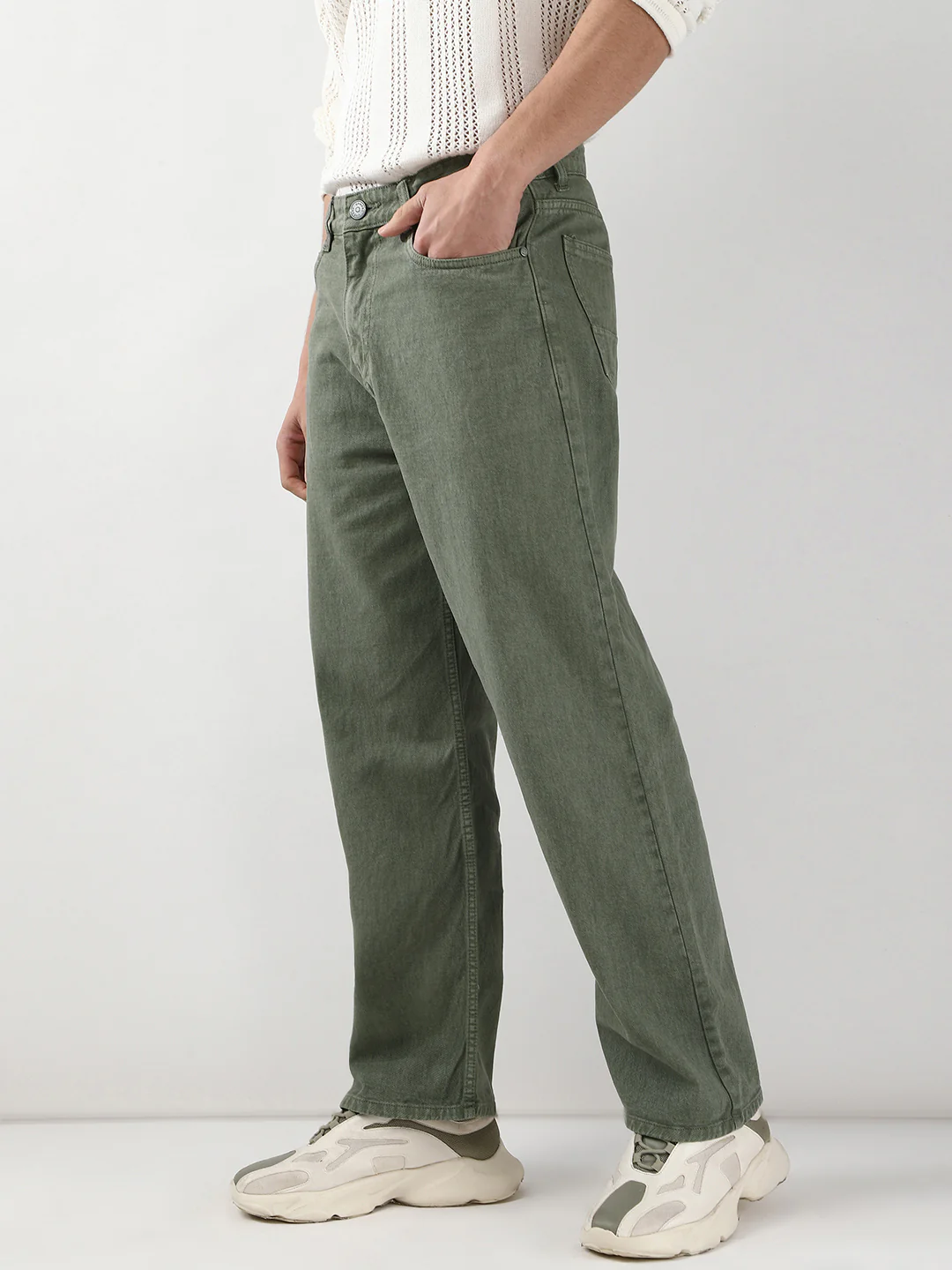 Men's Olive Green Loose Fit Washed Jeans Non-Stretchable - Image 2