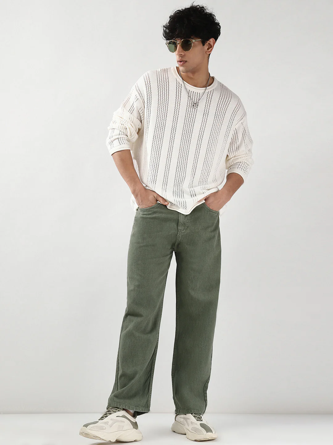 Men's Olive Green Loose Fit Washed Jeans Non-Stretchable - Image 4