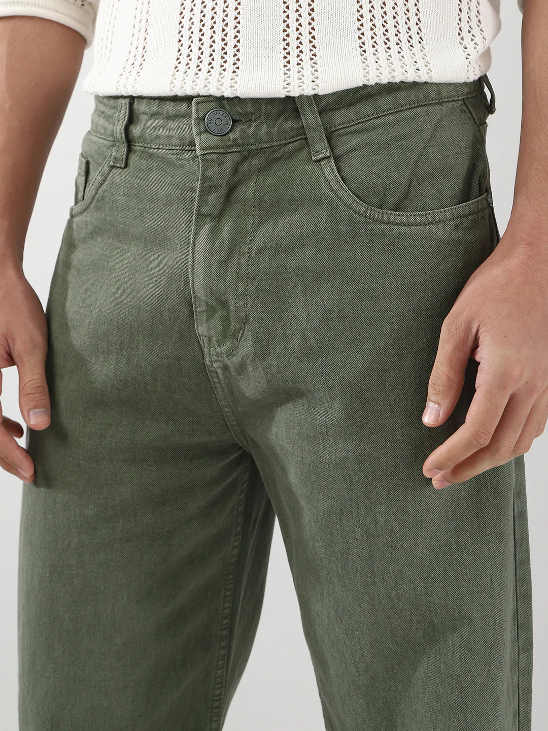 Men's Olive Green Loose Fit Washed Jeans Non-Stretchable - Image 5