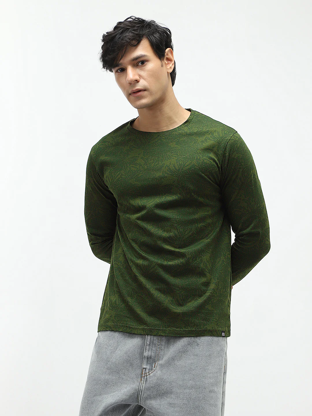 Men's Olive Green Printed Full Sleeve Slim Fit Cotton T-Shirt - Image 3
