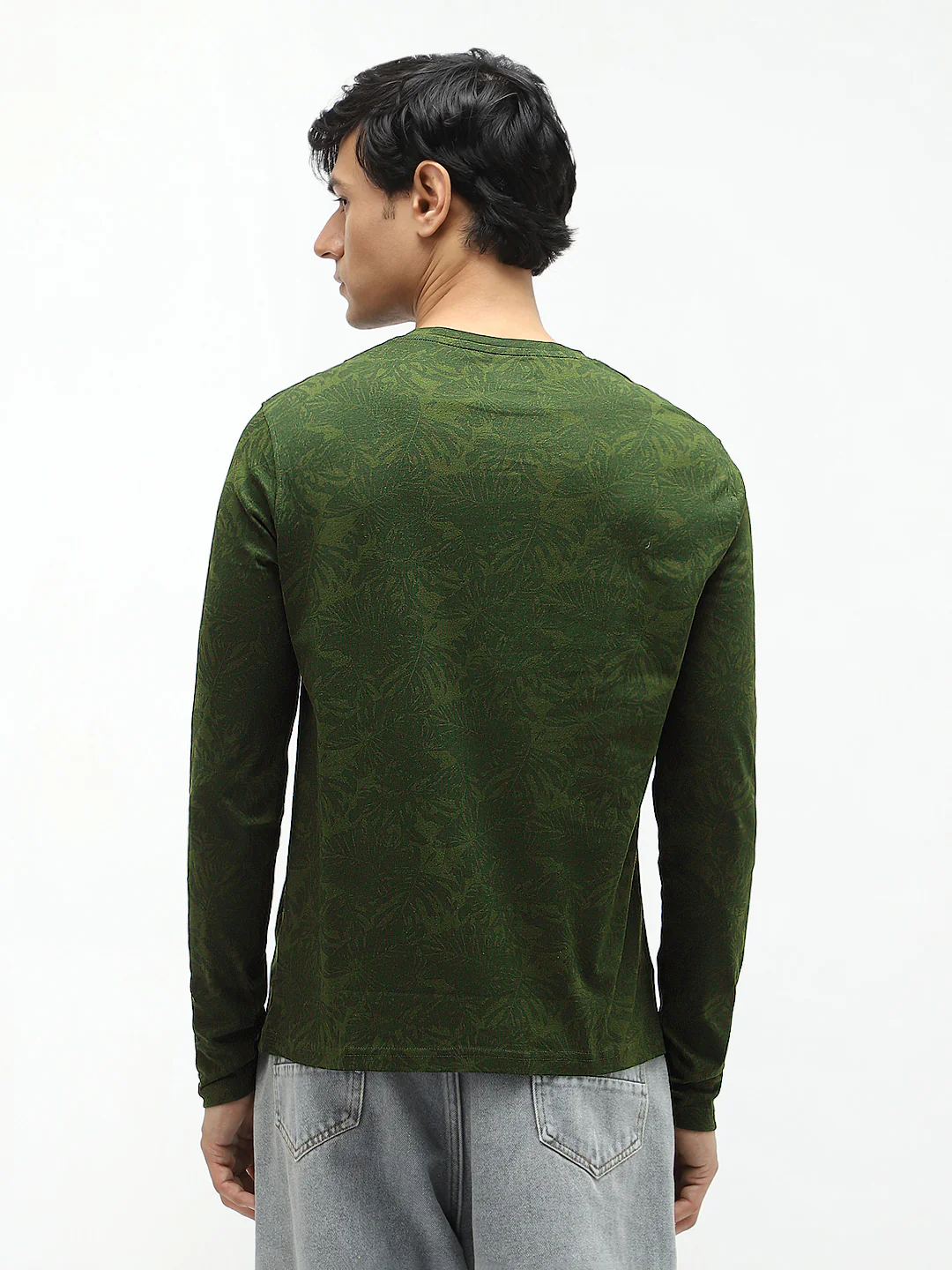Men's Olive Green Printed Full Sleeve Slim Fit Cotton T-Shirt - Image 4