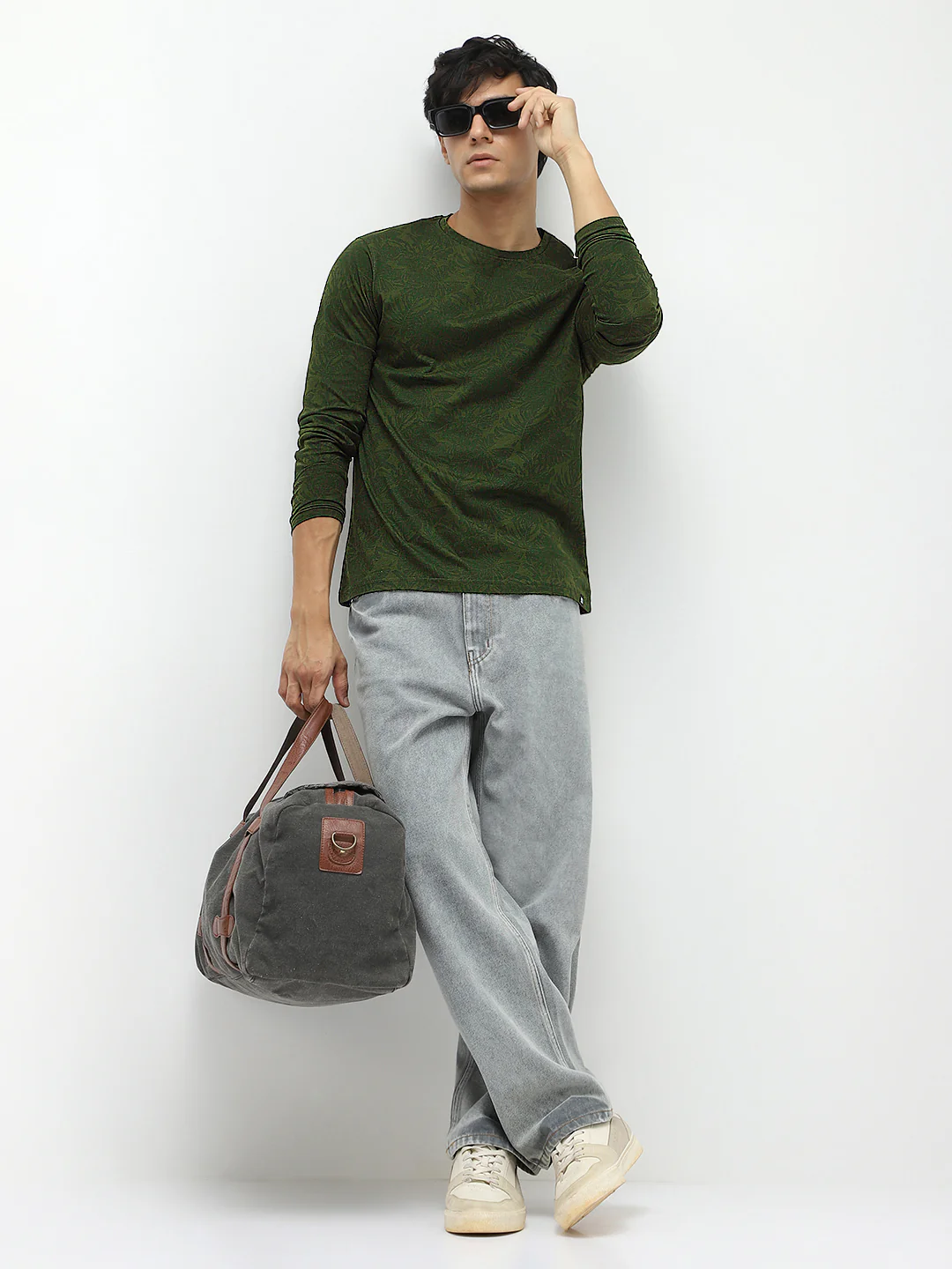 Men's Olive Green Printed Full Sleeve Slim Fit Cotton T-Shirt - Image 5