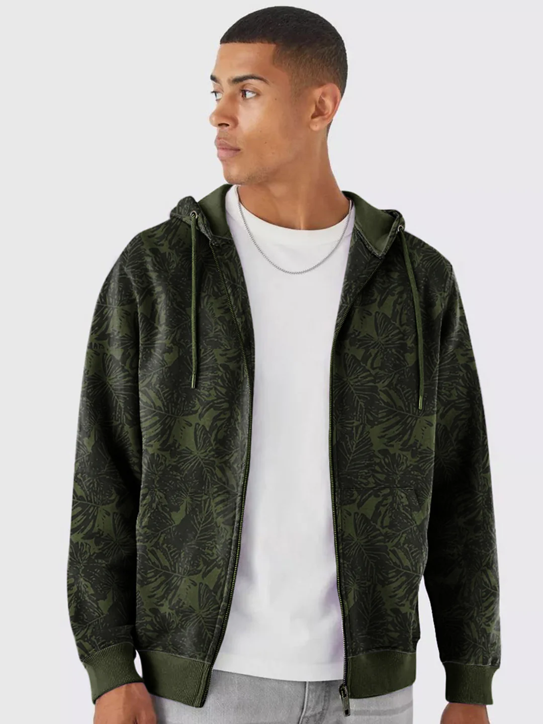 Men's Olive Green Regular Fit Printed Full Sleeve Winterwear Hooded Sweatshirt
