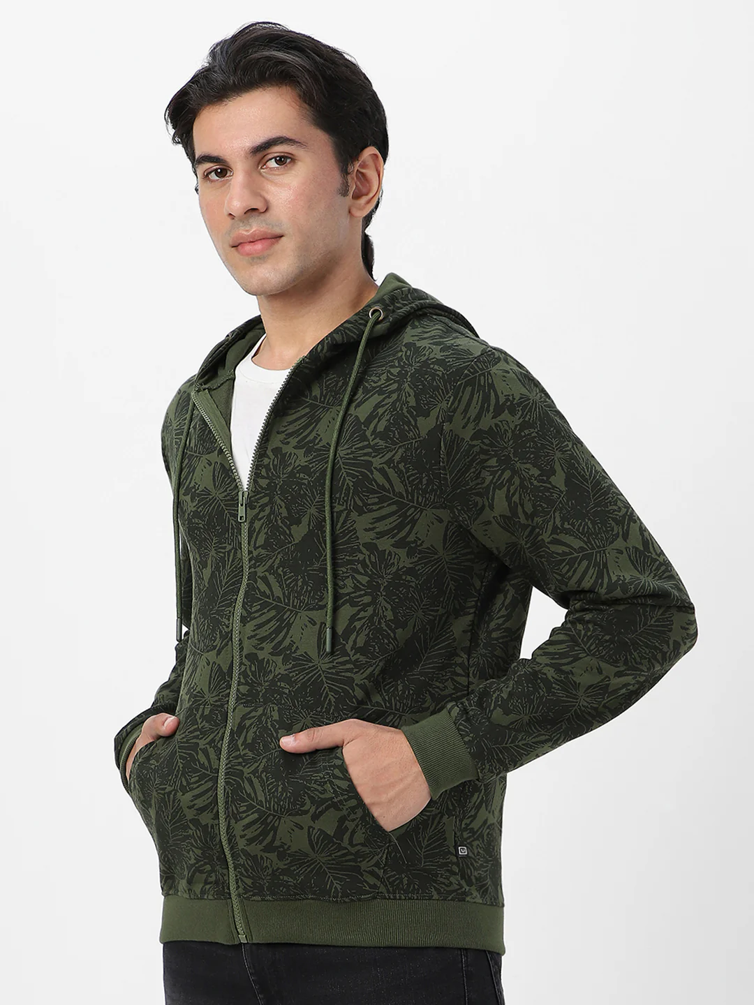 Men's Olive Green Regular Fit Printed Full Sleeve Winterwear Hooded Sweatshirt - Image 3