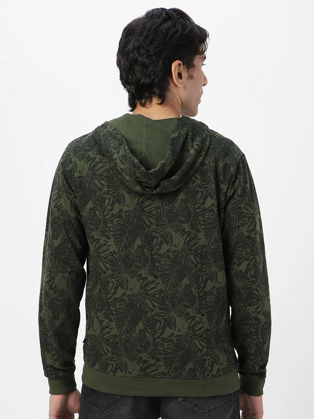 Men's Olive Green Regular Fit Printed Full Sleeve Winterwear Hooded Sweatshirt - Image 4