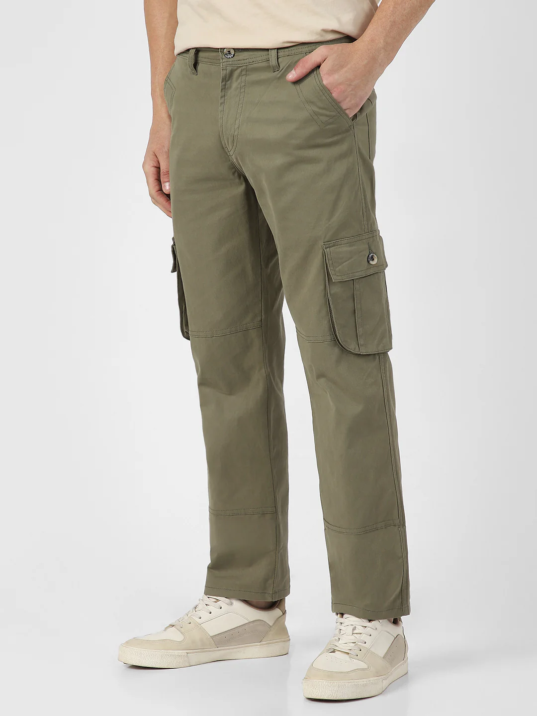 Men's Olive Green Regular Fit Solid Cargo Chino Pant with 6 Pockets - Image 3