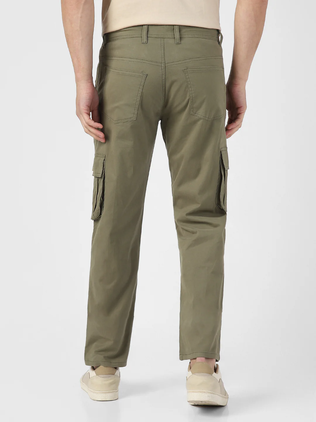 Men's Olive Green Regular Fit Solid Cargo Chino Pant with 6 Pockets - Image 4