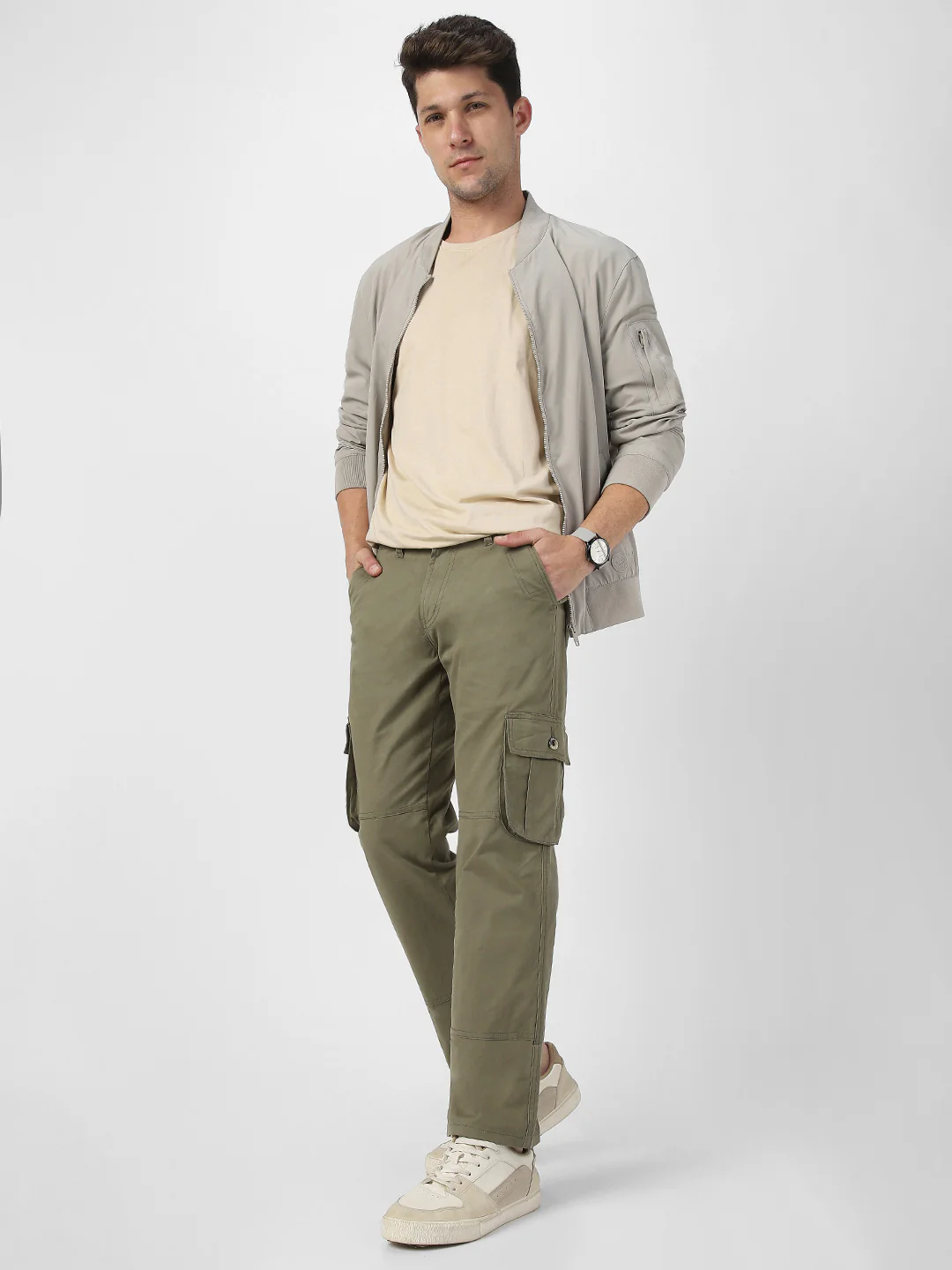 Men's Olive Green Regular Fit Solid Cargo Chino Pant with 6 Pockets - Image 5