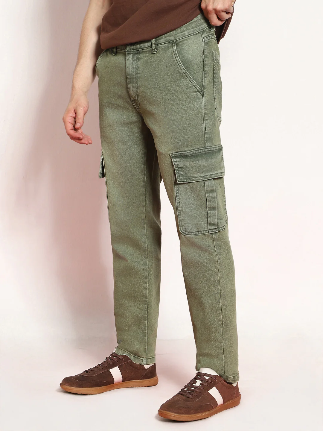 Men's Olive Green Regular Fit Washed Cargo Jeans With 6 Pockets Stretchable - Image 2