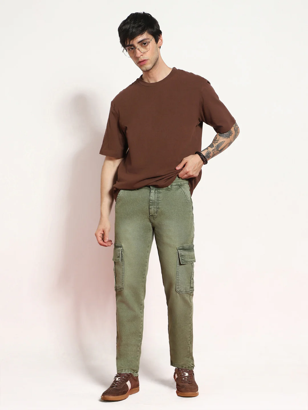 Men's Olive Green Regular Fit Washed Cargo Jeans With 6 Pockets Stretchable - Image 5