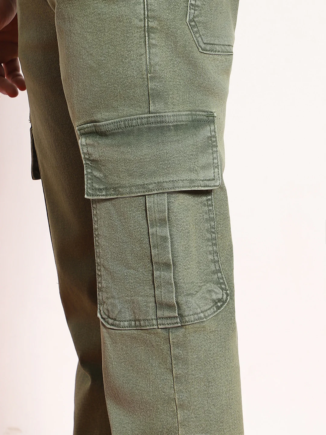 Men's Olive Green Regular Fit Washed Cargo Jeans With 6 Pockets Stretchable - Image 6
