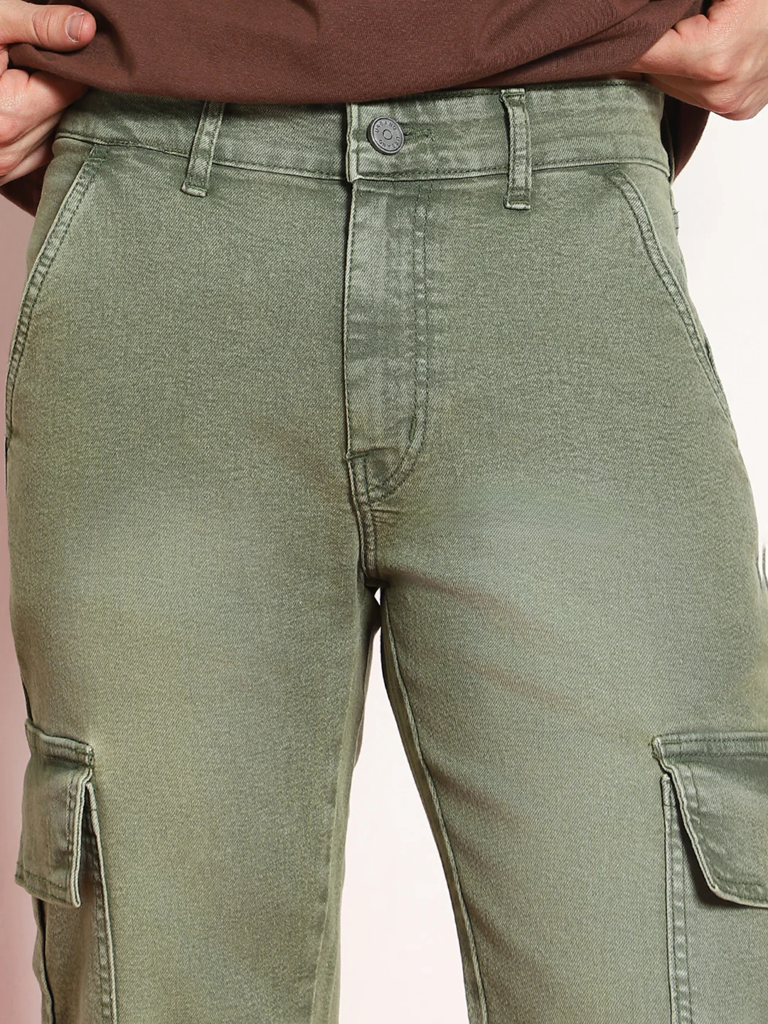 Men's Olive Green Regular Fit Washed Cargo Jeans With 6 Pockets Stretchable - Image 7