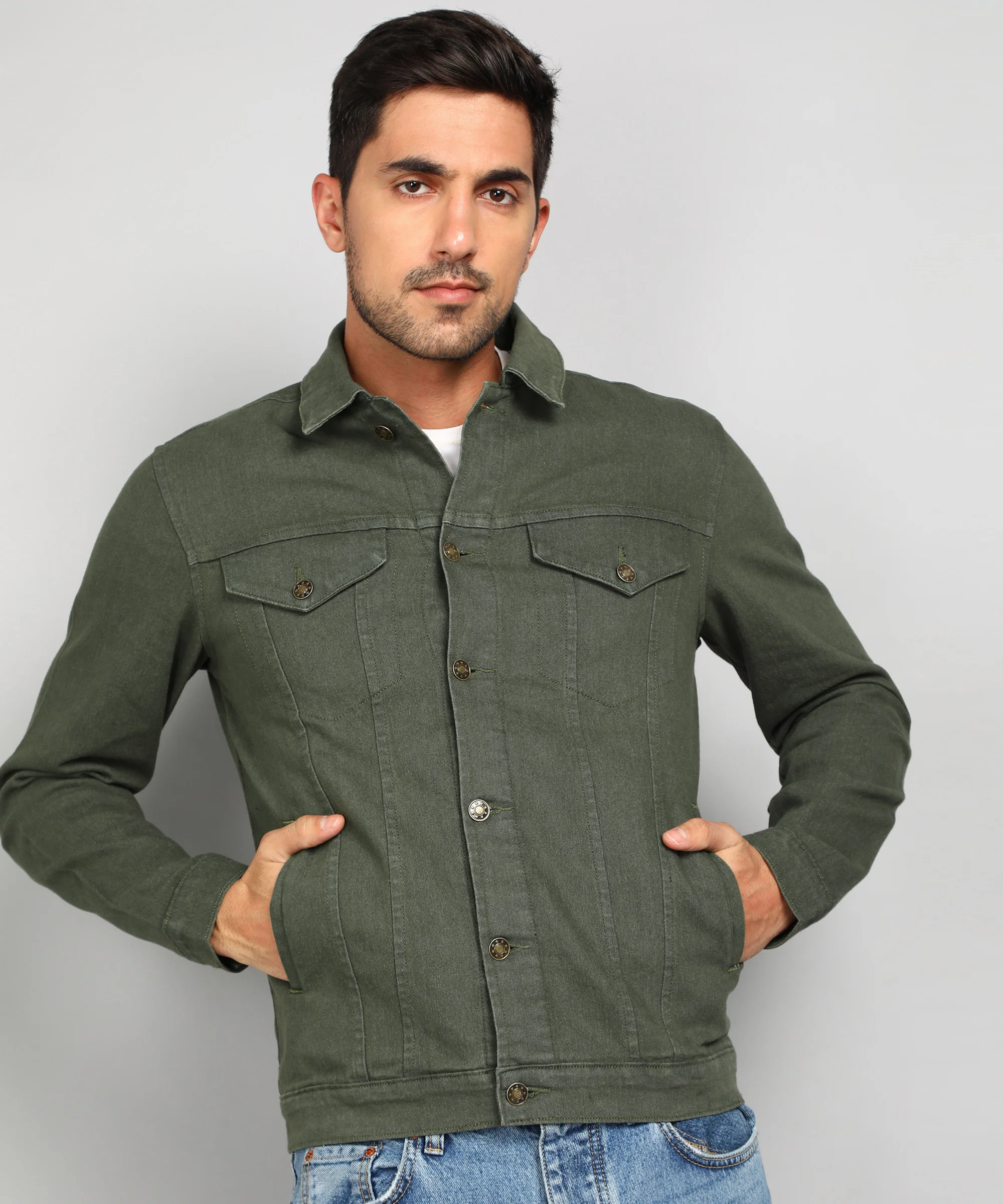 Men's Olive Green Regular Fit Washed Full Sleeve Denim Jacket - Image 3