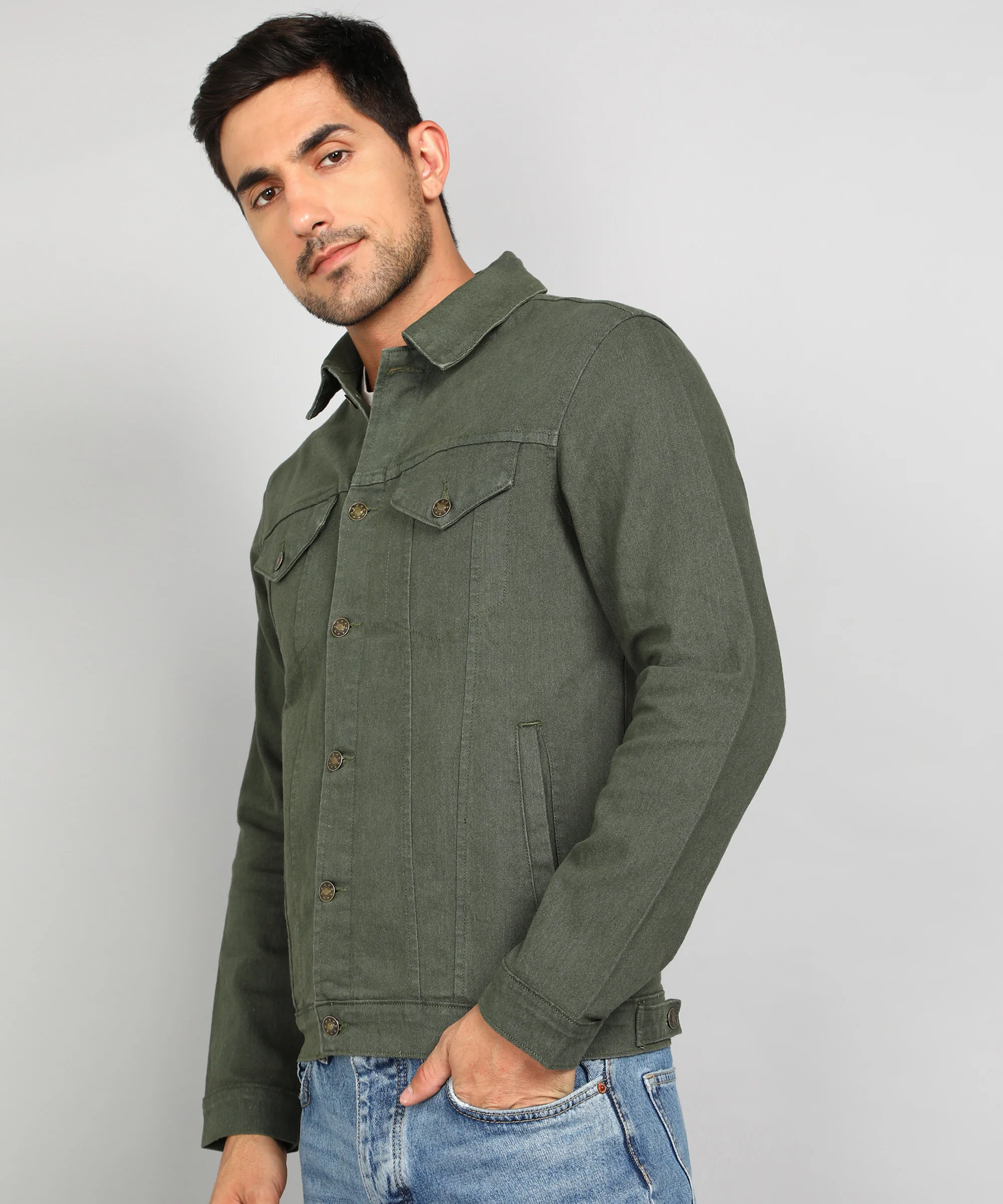 Men's Olive Green Regular Fit Washed Full Sleeve Denim Jacket - Image 4