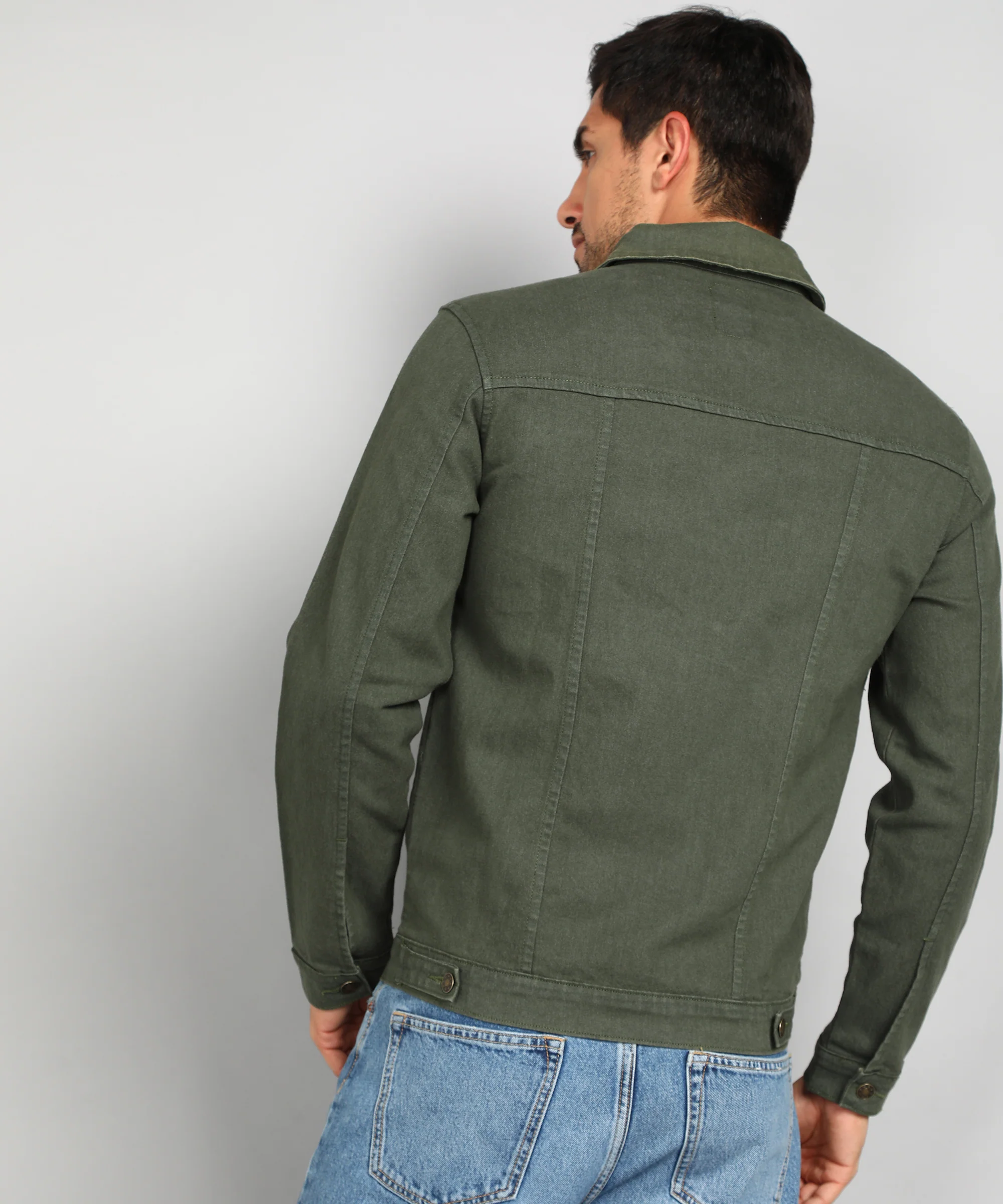Men's Olive Green Regular Fit Washed Full Sleeve Denim Jacket - Image 5