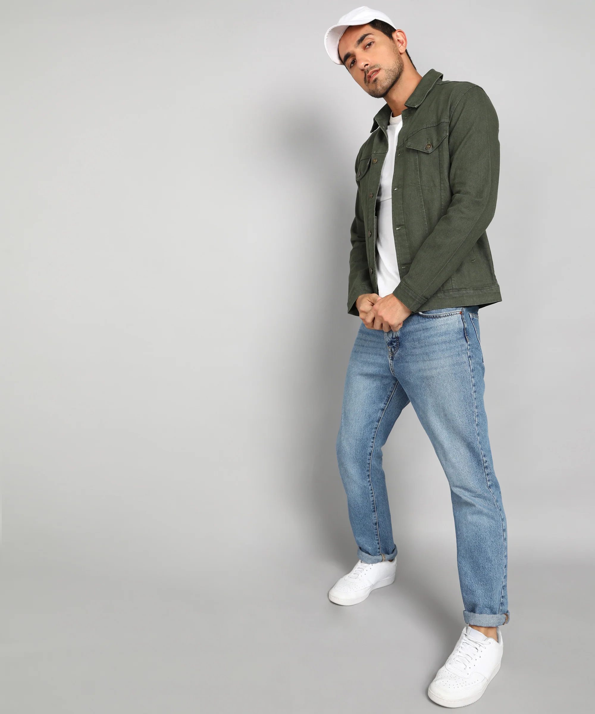 Men's Olive Green Regular Fit Washed Full Sleeve Denim Jacket - Image 6
