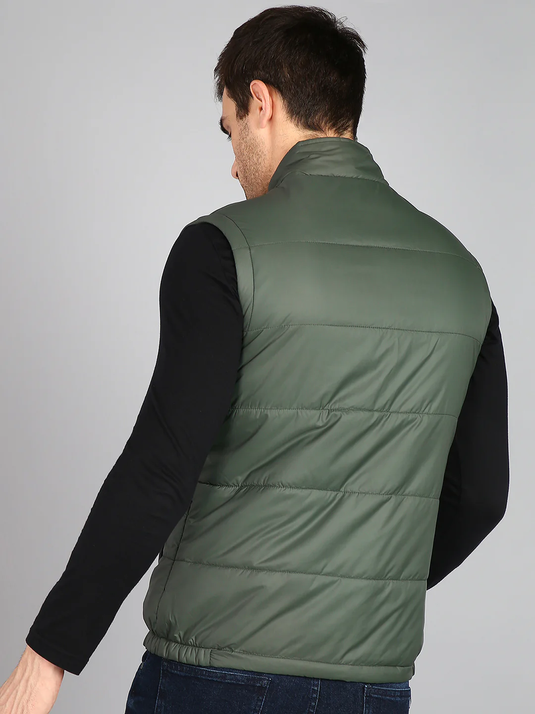 Men's Olive Green Sleeveless Zippered Puffer Jacket - Image 3