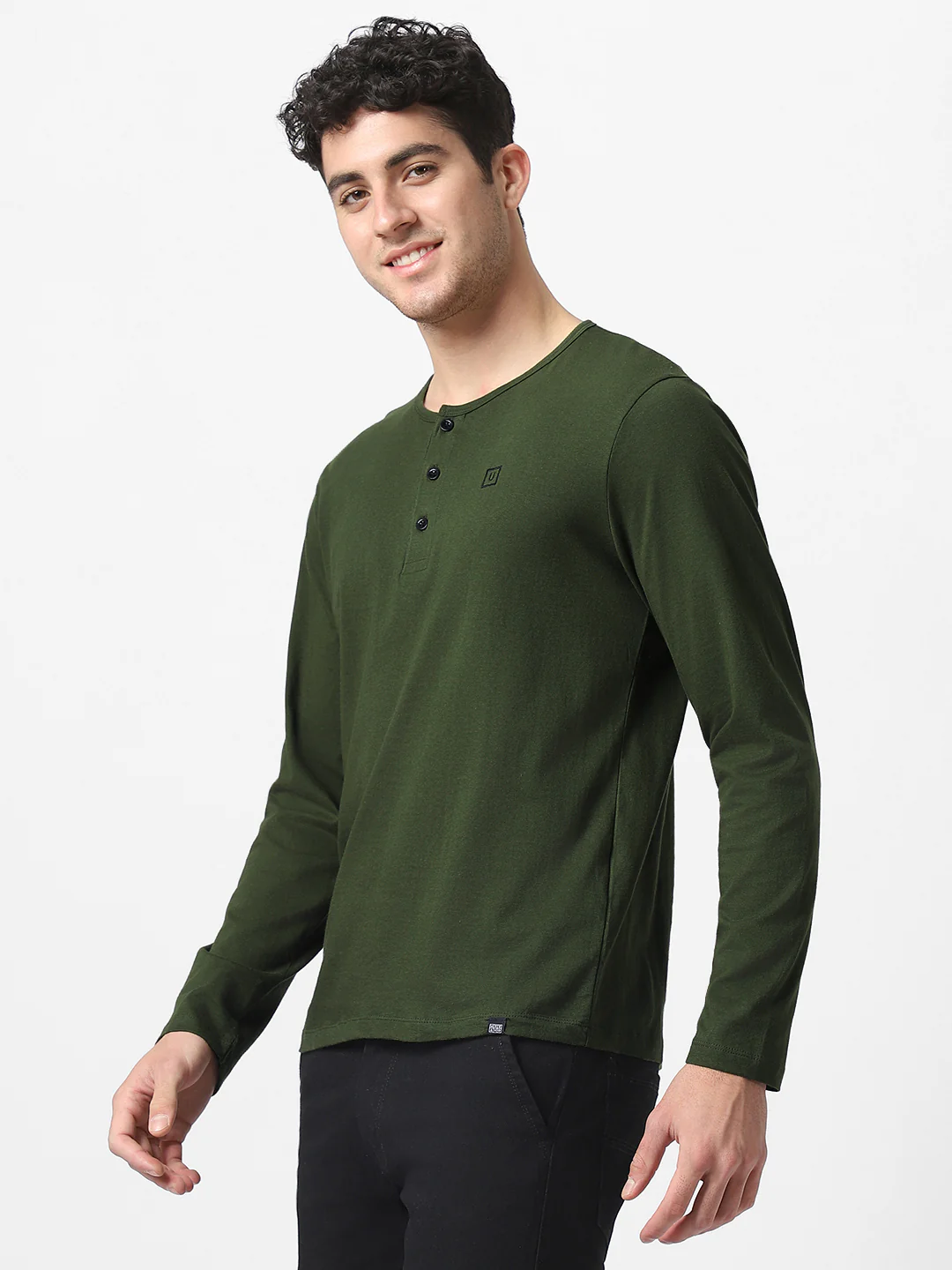 Men's Olive Green Solid Henley Neck Slim Fit Cotton T-Shirt - Image 3