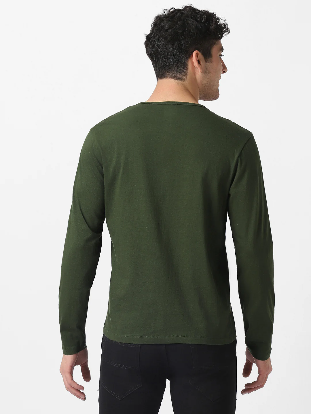 Men's Olive Green Solid Henley Neck Slim Fit Cotton T-Shirt - Image 4