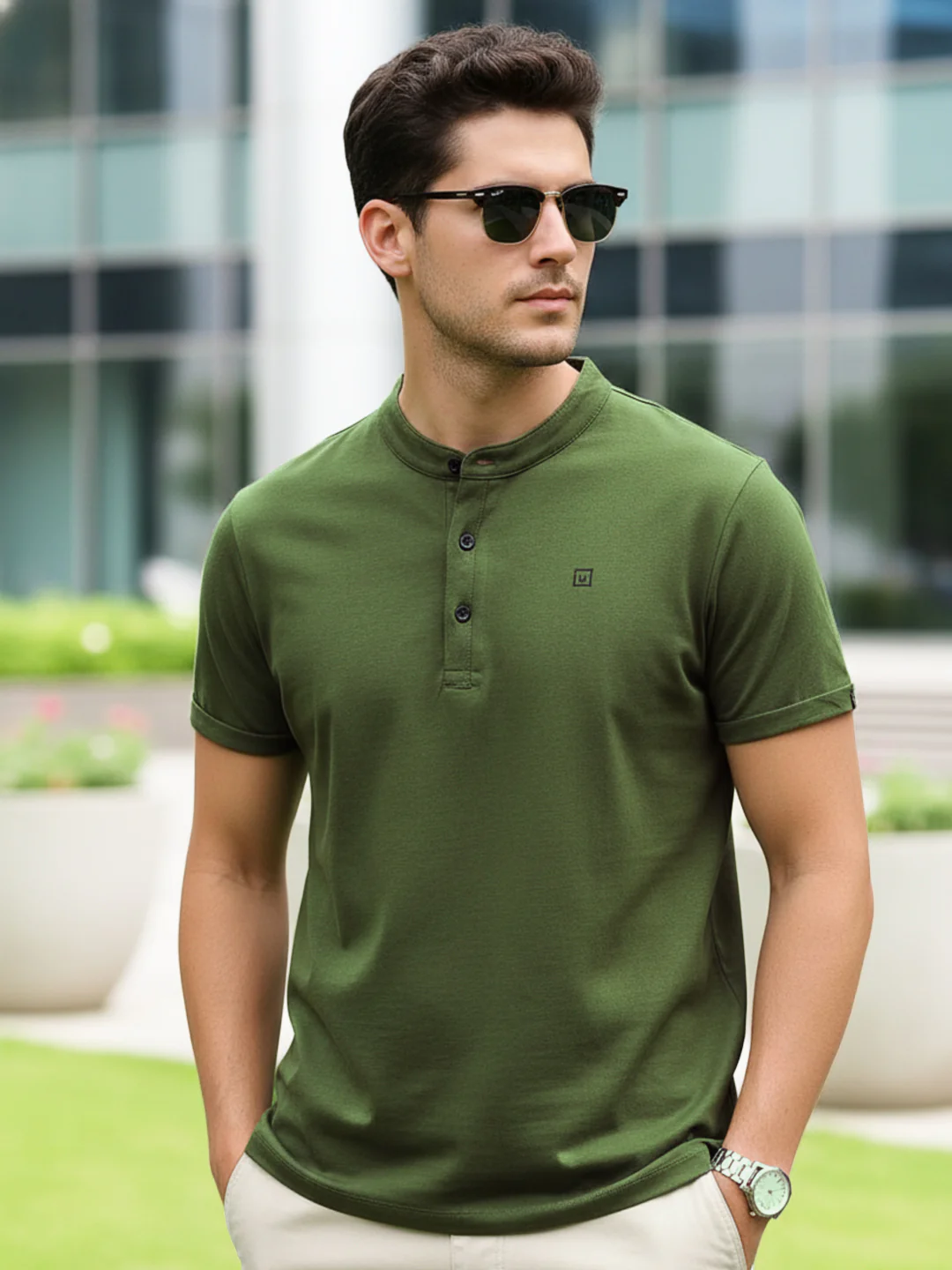 Men's Olive Green Solid Mandarin Collar Slim Fit Cotton T-Shirt