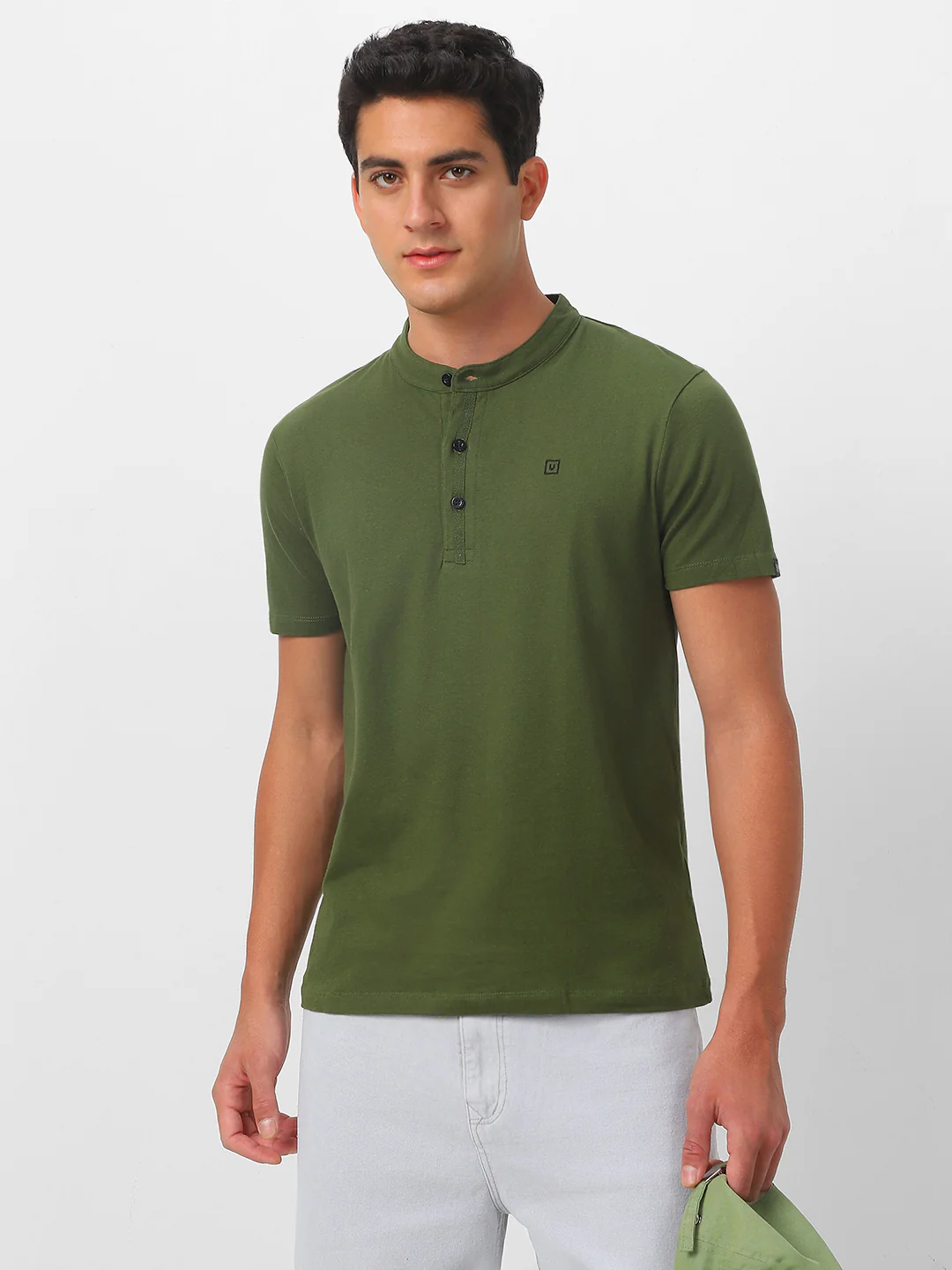 Men's Olive Green Solid Mandarin Collar Slim Fit Cotton T-Shirt - Image 2