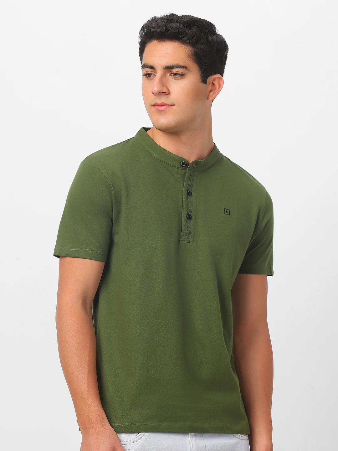 Men's Olive Green Solid Mandarin Collar Slim Fit Cotton T-Shirt - Image 3