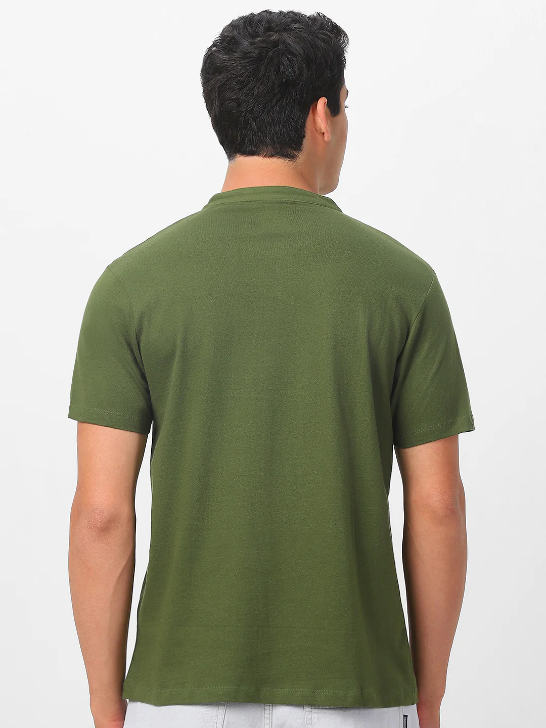 Men's Olive Green Solid Mandarin Collar Slim Fit Cotton T-Shirt - Image 4