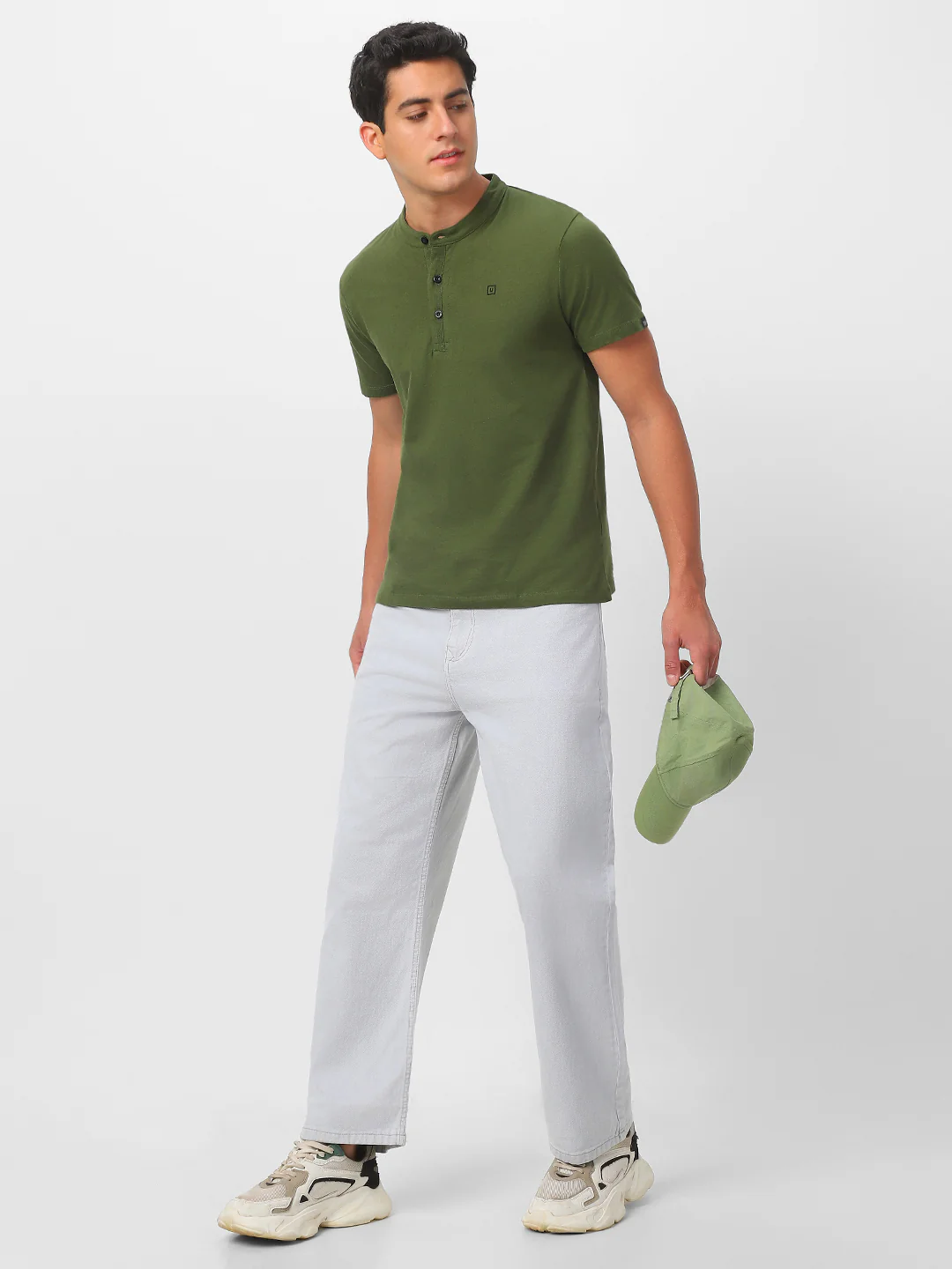 Men's Olive Green Solid Mandarin Collar Slim Fit Cotton T-Shirt - Image 5