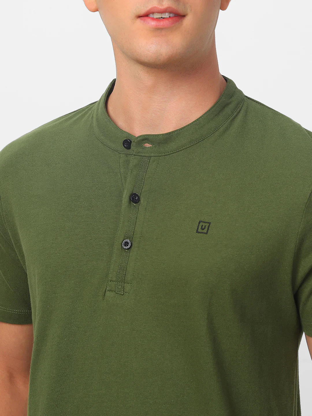 Men's Olive Green Solid Mandarin Collar Slim Fit Cotton T-Shirt - Image 6