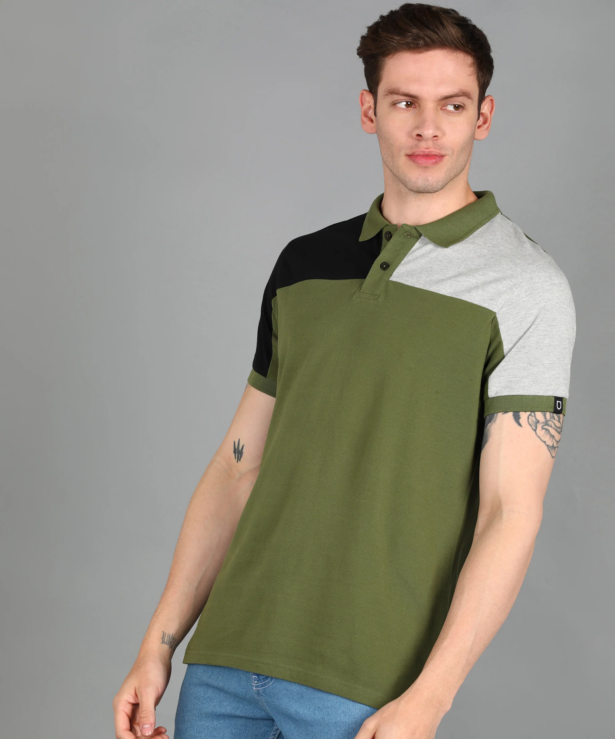 Men's Olive, Grey Melange, Black Colour-Block Slim Fit Half Sleeve Cotton Polo T-Shirt - Image 2