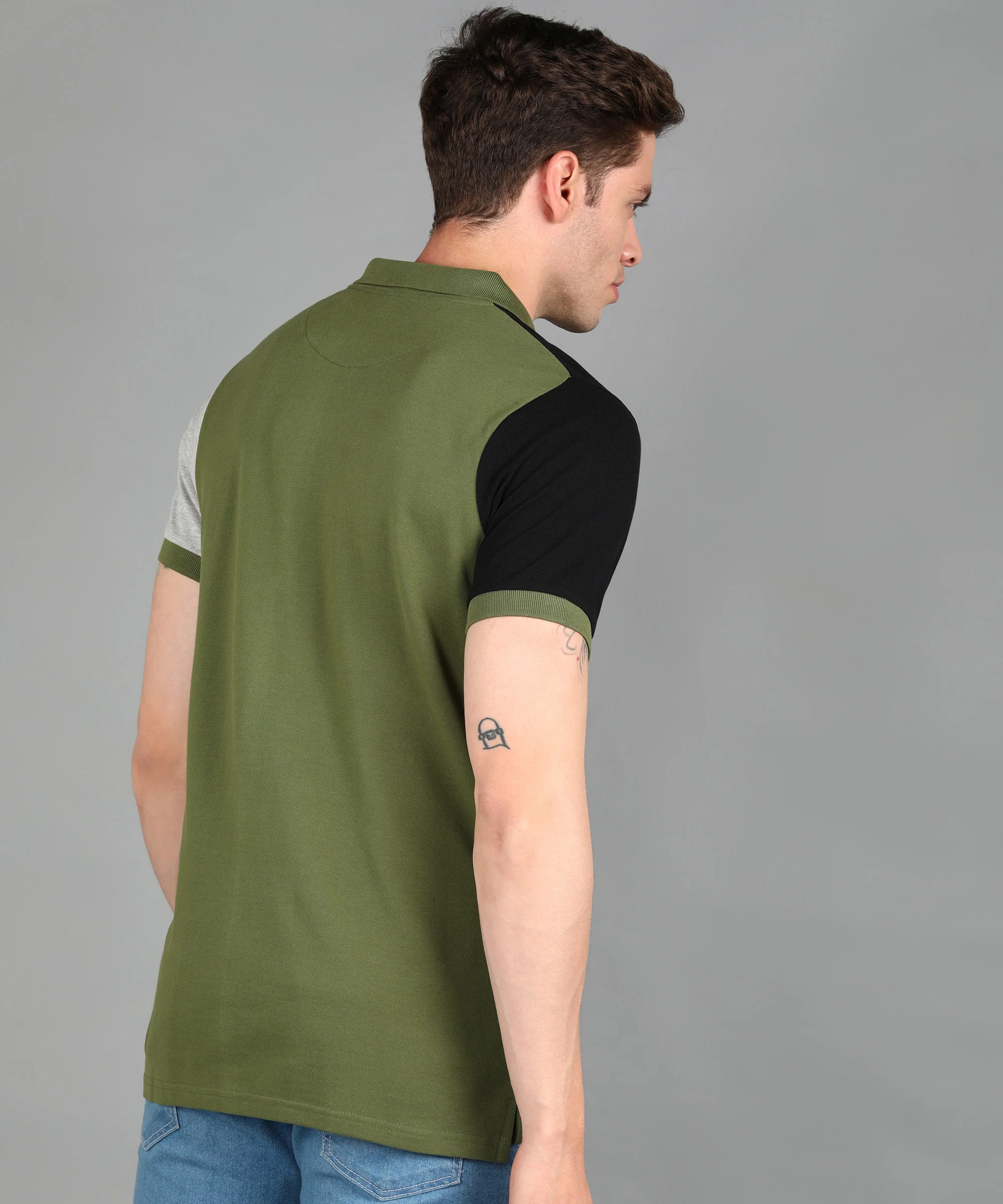 Men's Olive, Grey Melange, Black Colour-Block Slim Fit Half Sleeve Cotton Polo T-Shirt - Image 3