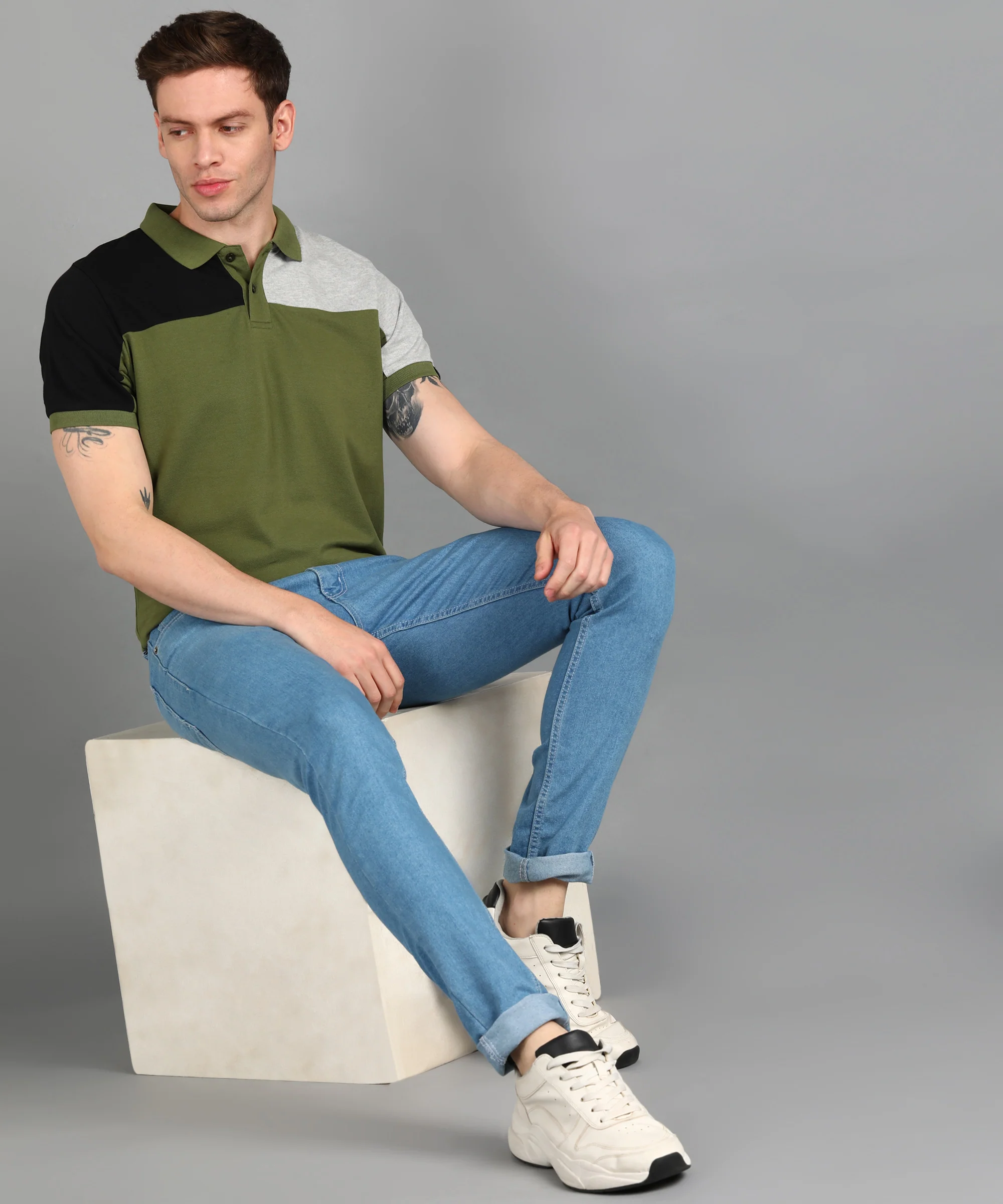 Men's Olive, Grey Melange, Black Colour-Block Slim Fit Half Sleeve Cotton Polo T-Shirt - Image 4