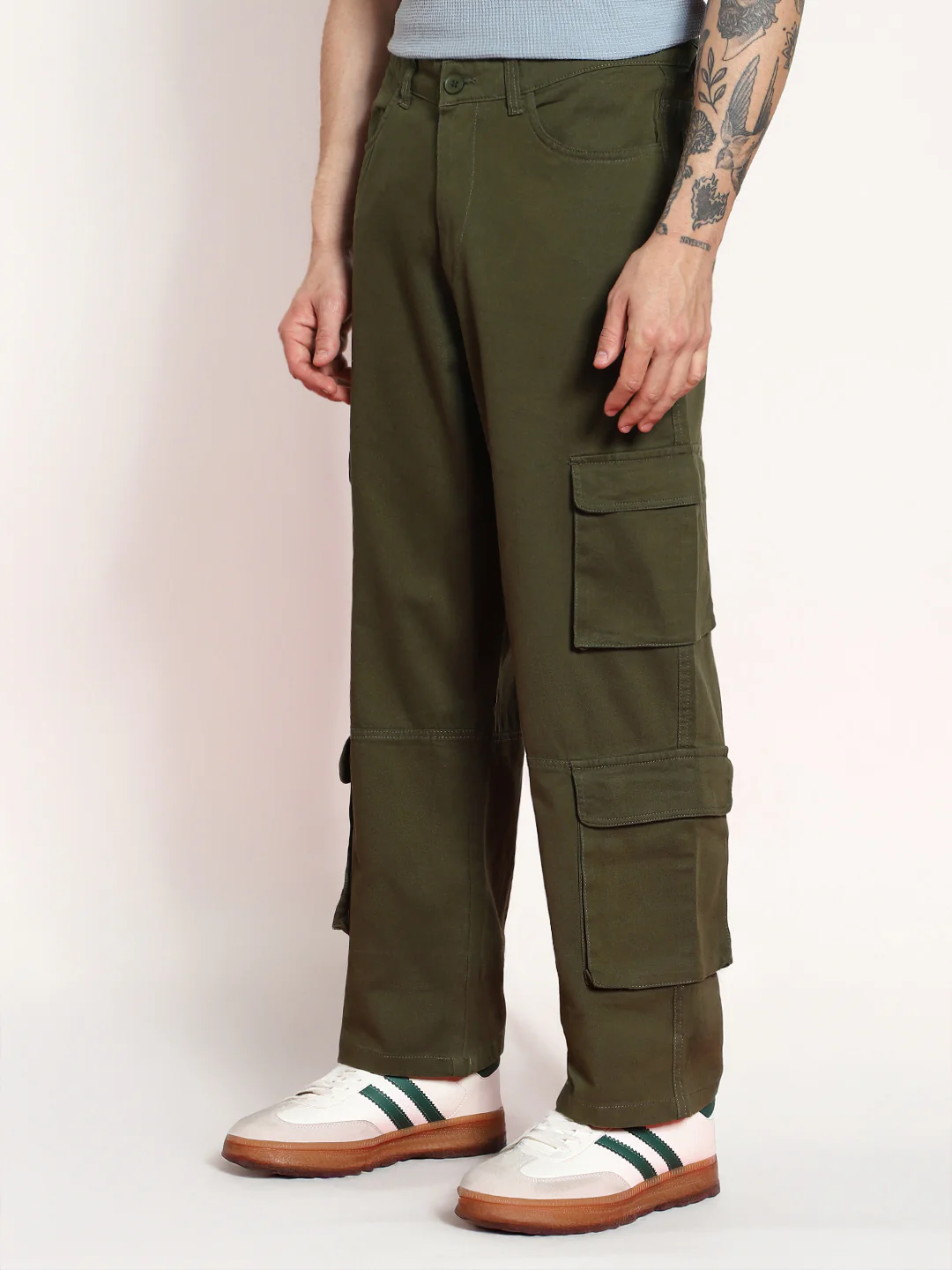 Men's Olive Loose Baggy Fit Cargo Chino Pant with 8 Pockets Stretchable - Image 2