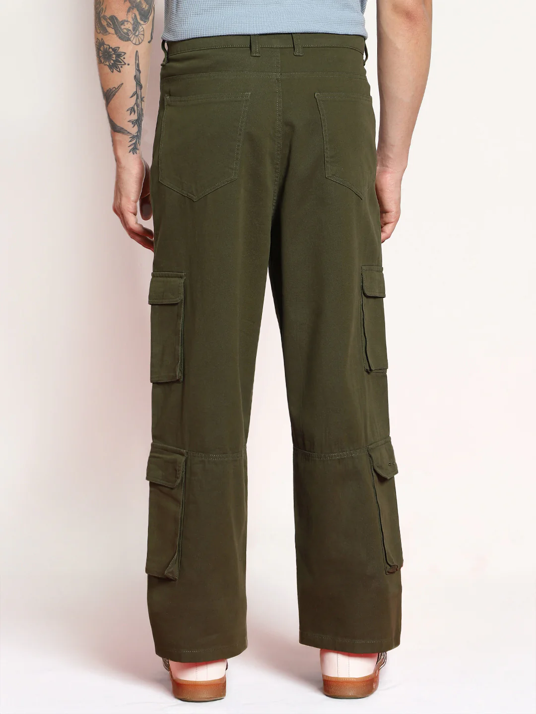 Men's Olive Loose Baggy Fit Cargo Chino Pant with 8 Pockets Stretchable - Image 3