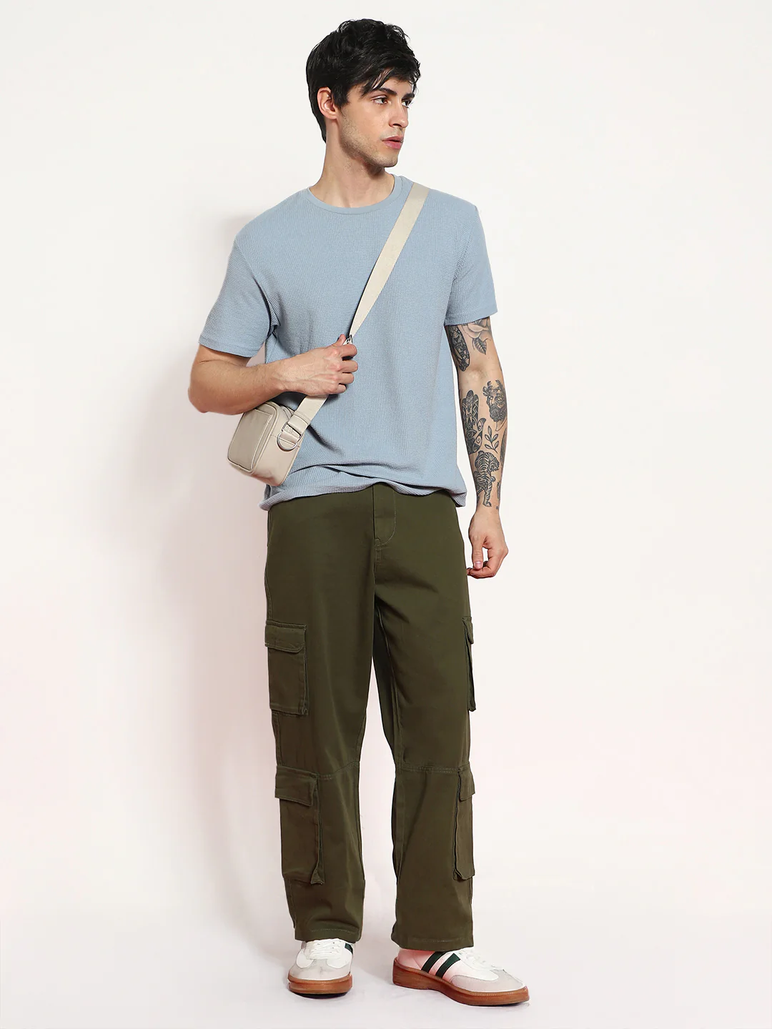Men's Olive Loose Baggy Fit Cargo Chino Pant with 8 Pockets Stretchable - Image 4