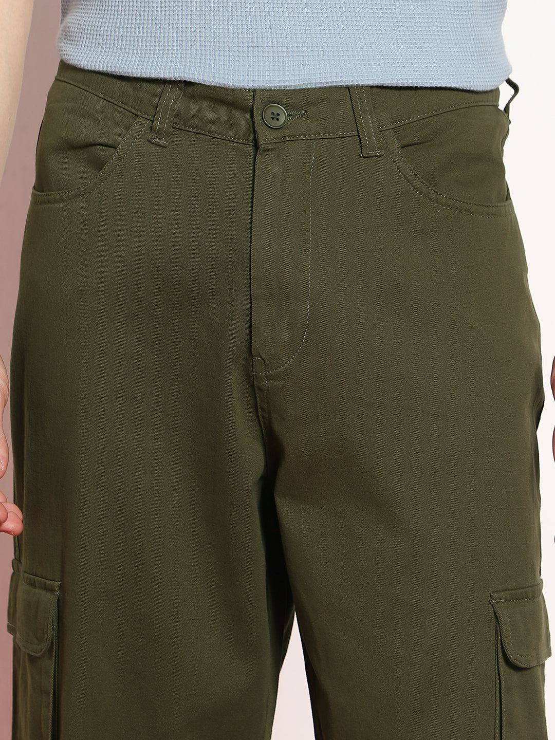 Men's Olive Loose Baggy Fit Cargo Chino Pant with 8 Pockets Stretchable - Image 6