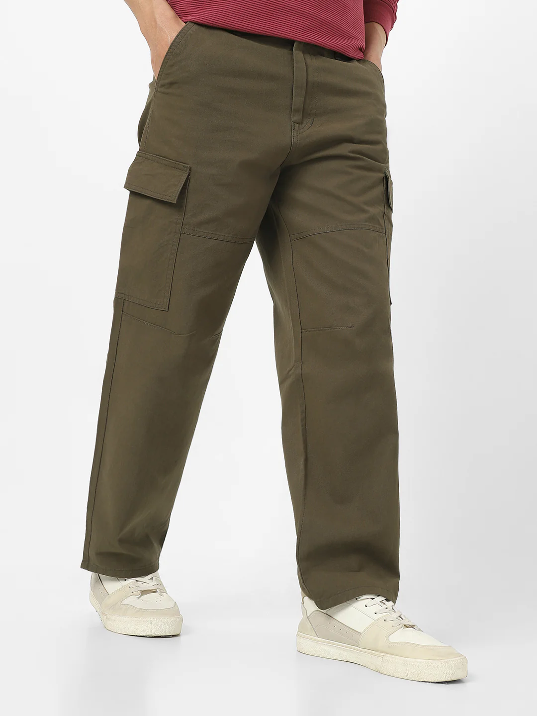 Men's Olive Loose Baggy Fit Solid Cargo Chino Pant with 6 Pockets Non-Stretchable - Image 2