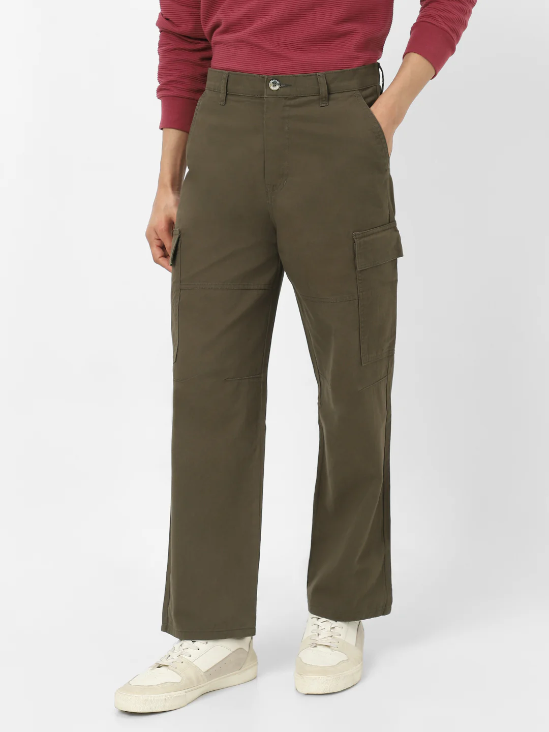 Men's Olive Loose Baggy Fit Solid Cargo Chino Pant with 6 Pockets Non-Stretchable - Image 3