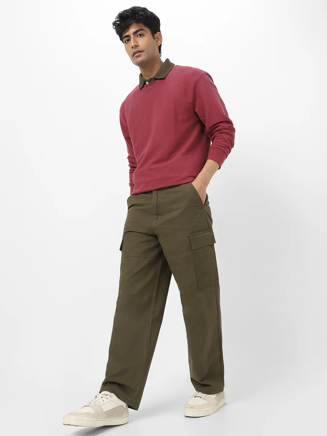 Men's Olive Loose Baggy Fit Solid Cargo Chino Pant with 6 Pockets Non-Stretchable - Image 5