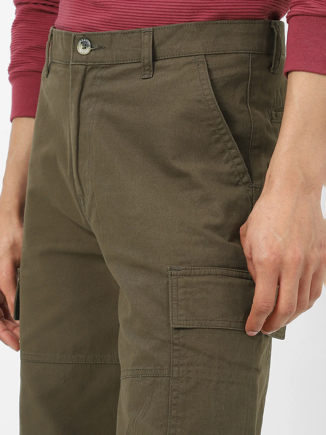 Men's Olive Loose Baggy Fit Solid Cargo Chino Pant with 6 Pockets Non-Stretchable - Image 7