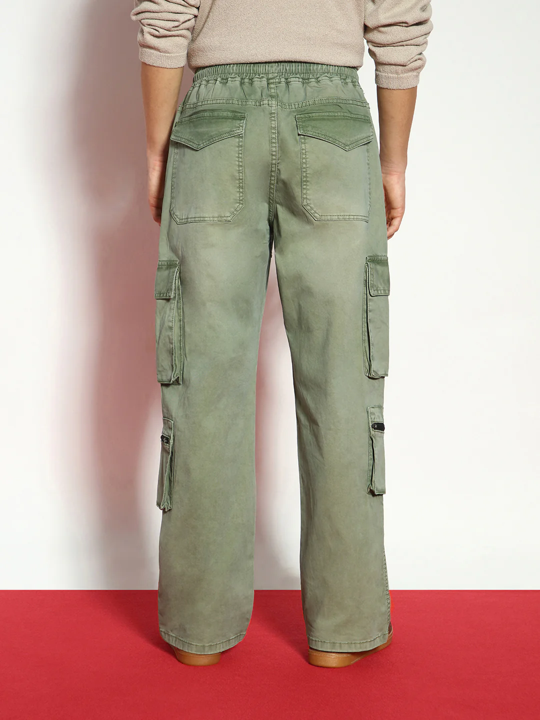 Men's Olive Loose Baggy Fit Travel Cargo Jeans With 8 Pockets Stretchable - Image 3