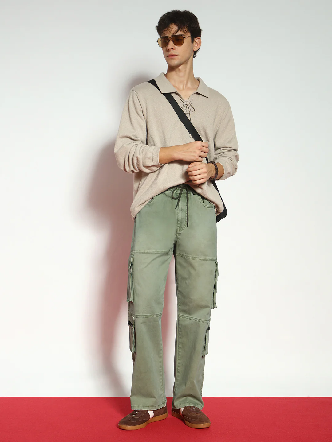 Men's Olive Loose Baggy Fit Travel Cargo Jeans With 8 Pockets Stretchable - Image 4