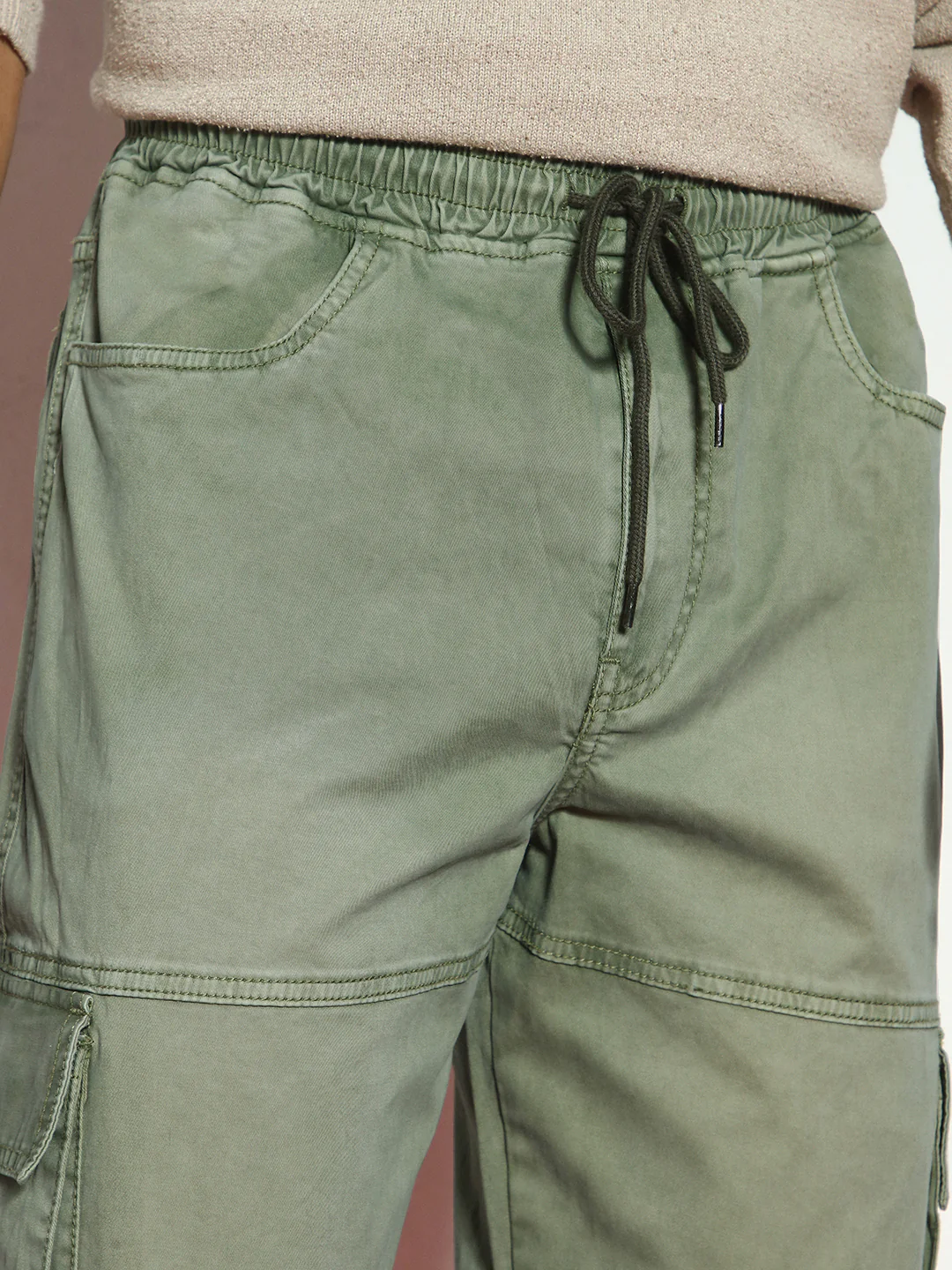 Men's Olive Loose Baggy Fit Travel Cargo Jeans With 8 Pockets Stretchable - Image 5