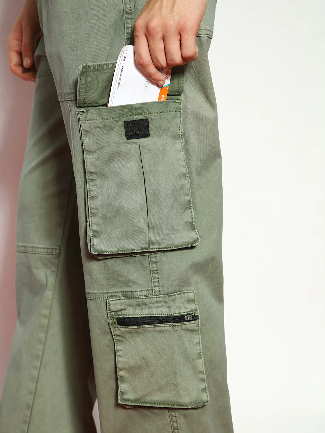 Men's Olive Loose Baggy Fit Travel Cargo Jeans With 8 Pockets Stretchable - Image 6