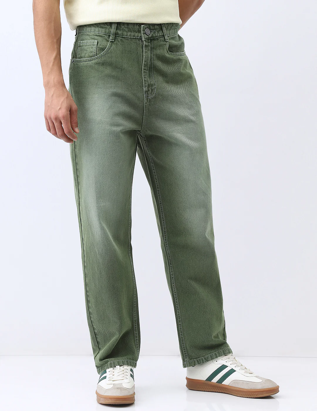 Men's Olive Loose Baggy Fit Washed Jeans Non-Stretchable - Image 2