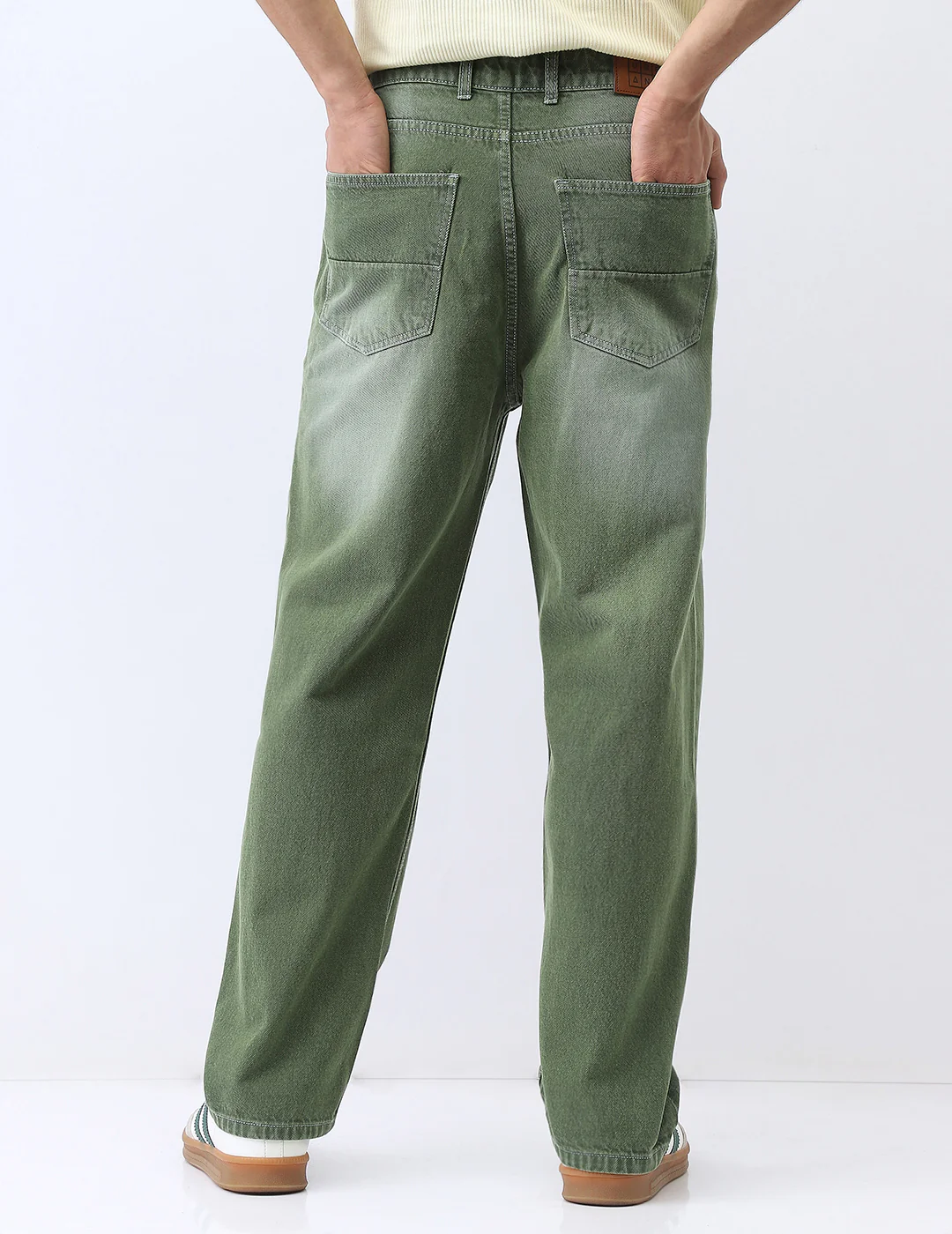 Men's Olive Loose Baggy Fit Washed Jeans Non-Stretchable - Image 3
