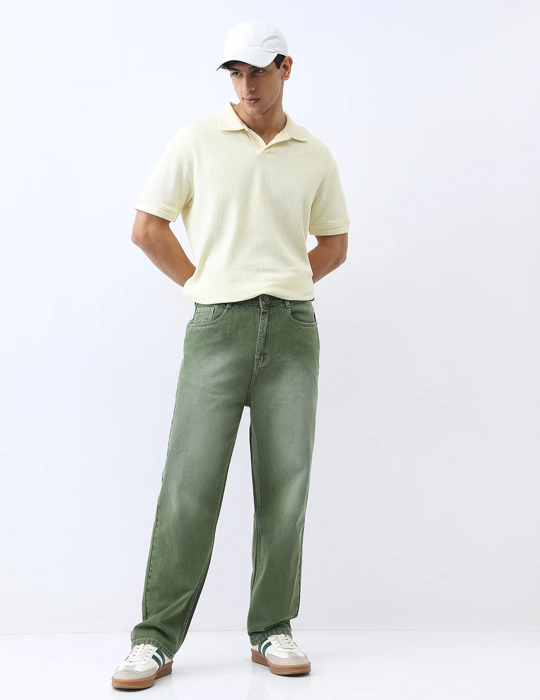Men's Olive Loose Baggy Fit Washed Jeans Non-Stretchable - Image 4
