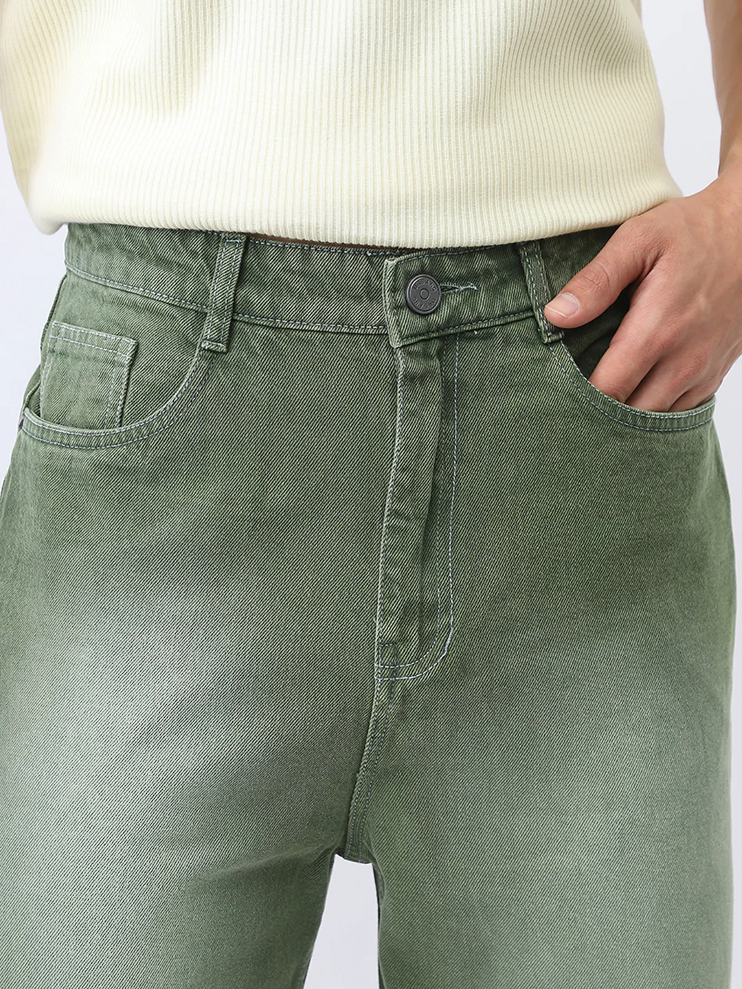 Men's Olive Loose Baggy Fit Washed Jeans Non-Stretchable - Image 5